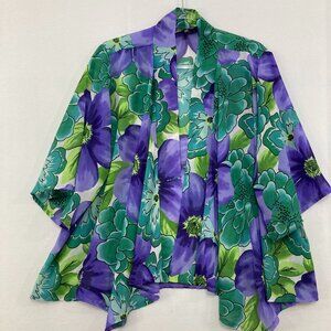 Slinky Brand size XL Green Purple Floral Draped 3/4 Sleeve Open Kimono Duster